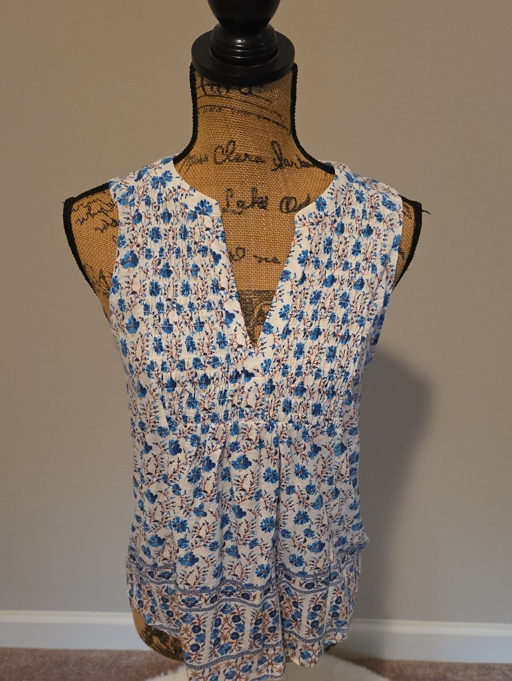 Lucky Brand Blue and White Floral Smocked V-Neck Camisole